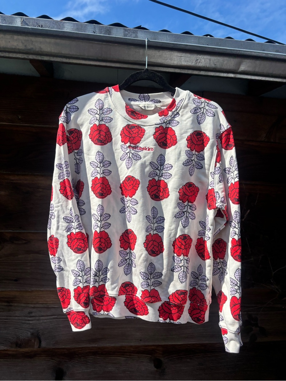 Marimekko White Sweatshirt with Red Rose Print